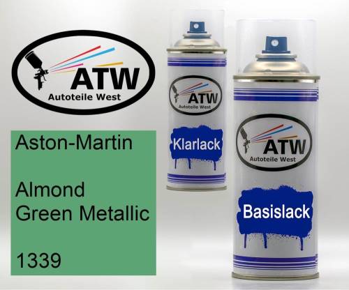 Aston-Martin, Almond Green Metallic, 1339: 400ml Sprühdose + 400ml Klarlack - Set, von ATW Autoteile West.